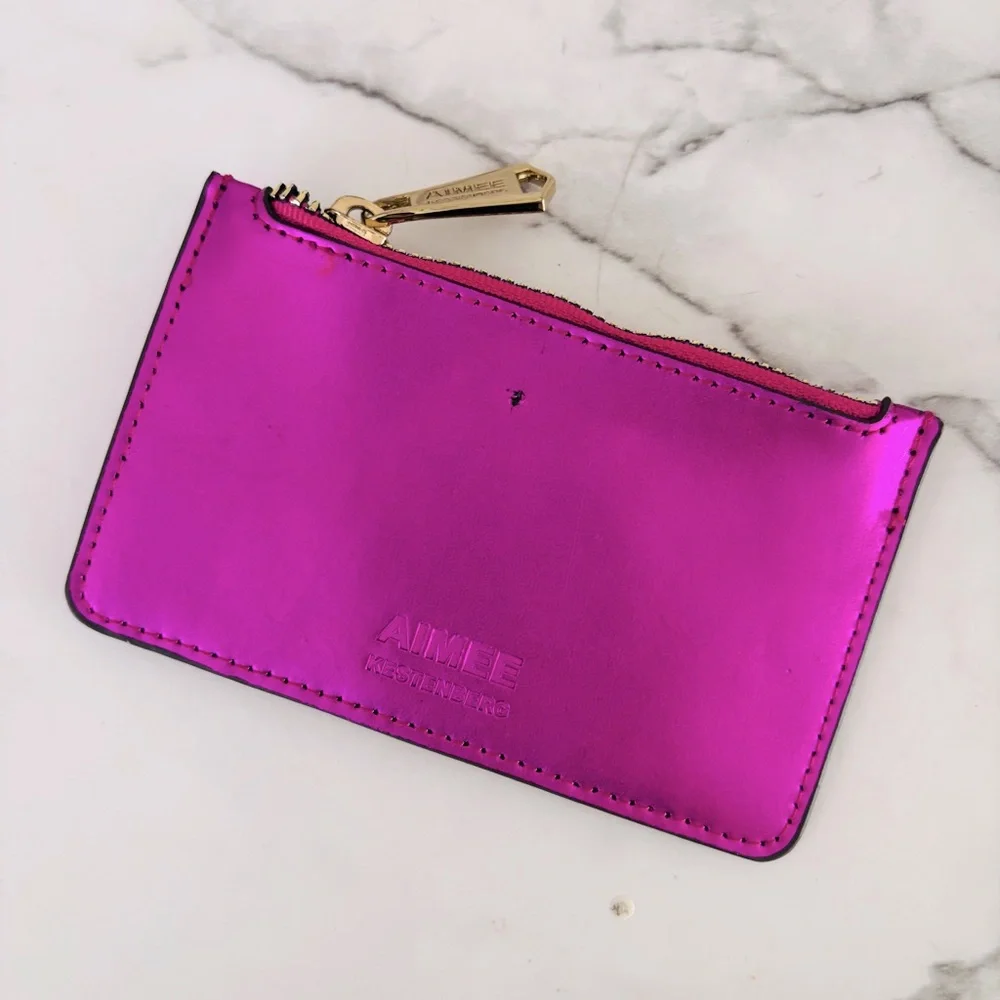 Aimee Kestenberg Metallic Sheen Fuchsia Leather Zipper Card Holder‎